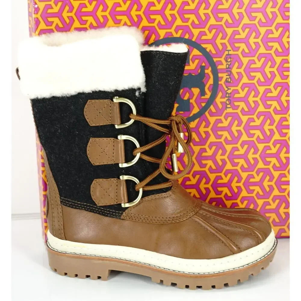 Tory Burch Grey Flannel Brown Leather Duck Boots Size 5 Fur NIB Women's Rain